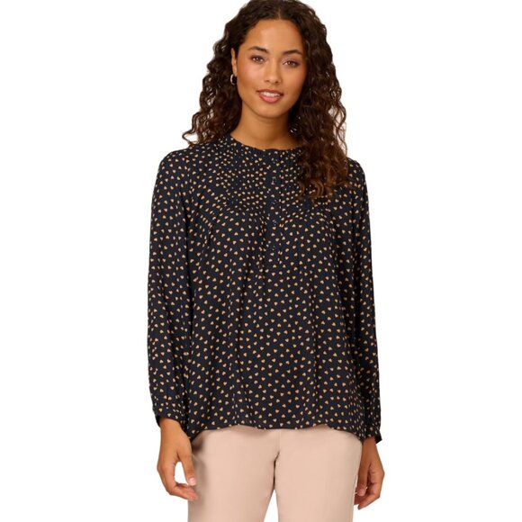 Adrianna Papell Long Sleeve Pintuck Ruffle Button Front Heart Print Blouse Sz L - Picture 3 of 13